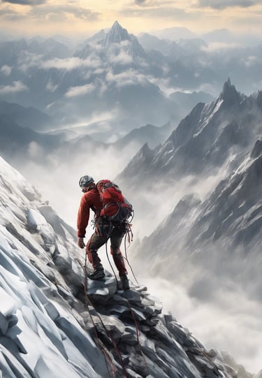 a man in a red jacket is climbing a mountain