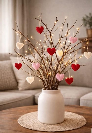  Valentine's Day decor featuring a branch tree with felt heart ornaments and fairy lights in a white vase.