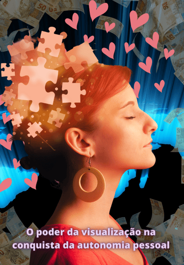 uma pessoa feliz e confiante, rodeada por símbolos de sucesso visualiza e realiza metas
