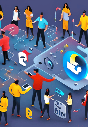 Desenho colorido e diversificado de pessoas interagindo em diferentes plataformas de redes sociais