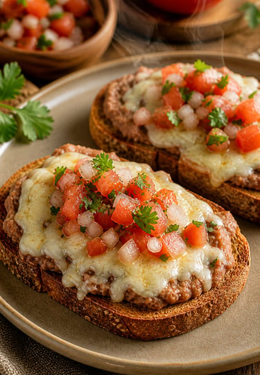 Tostadas integrales con frijoles, queso fundido y pico de gallo, desayuno saludable y casero