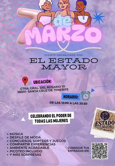 Poster for the El Estado Mayor 7 de Marzo event in Santa Cruz de Tenerife celebrating women with music and fashion.