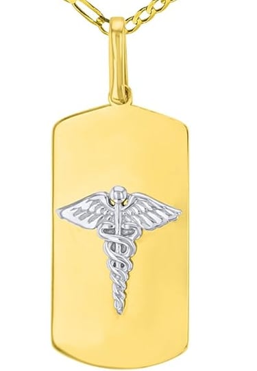 14K Two Tone Gold Caduceus Charm Medical Symbol Pendant on a Figaro Chain Necklaces