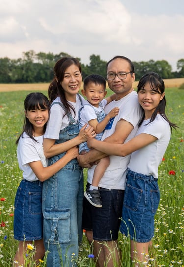a family of four standing in a field of  wild flowers in Kent, UKflowers