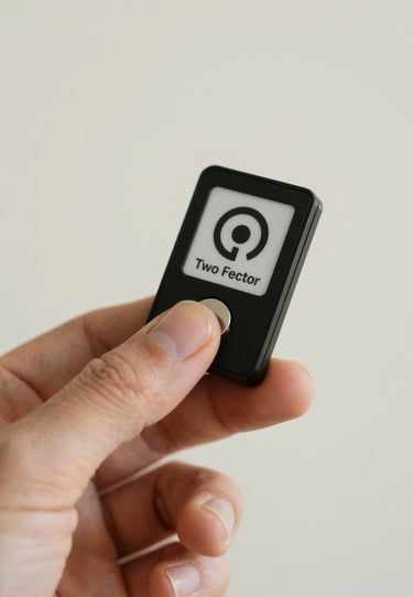 Close-up of a hand using a security token for two-factor authentication. The style is professional and clean, with an off-white background and soft natural lighting.