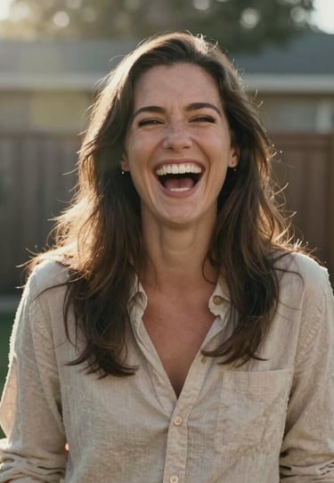 Portrait of a woman laughing in a North American backyard, soft lens flare, cinematic lighting, warm beige and charcoal color palette.