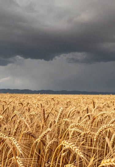 A dramatic photograph of a golden wheat field under a vast Montana sky. The lighting is moody with slate gray clouds in the distance and bright gold sun on the foreground stalks, emphasizing the high-plains aesthetic.