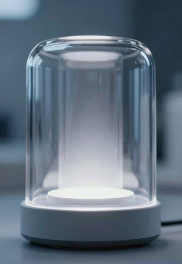 Close-up of a high-tech sleek glass device with light glowing from within, professional blue and white tones.