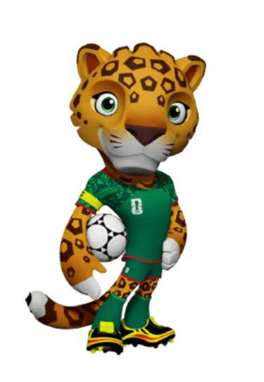Zakumi the leopard mascot for the 2010 FIFA World Cup wearing a green soccer jersey and holding a ball.