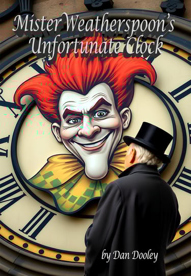 Book cover for Mister Weatherspoon's Unfortunate Clock by Dan Dooley featuring a man in a top hat looking at a clown clock.
