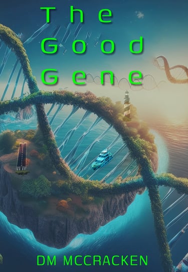 DNA strands overlaid on a tropical island with a runway, lighthouse and yacht.