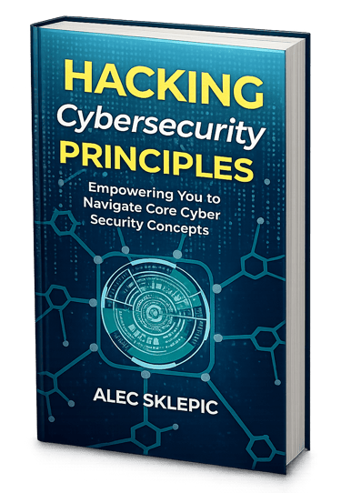 Hacking Cybersecurity Principles book cover by Alec Sklepic featuring a digital blue tech theme.