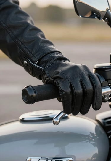 A detailed shot of a leather-gloved hand on a polished silver grey motorcycle handlebar. The focus is sharp on the stitching and grain of the jet black leather. Shot in soft, natural morning light in a Global / Western outdoor setting.