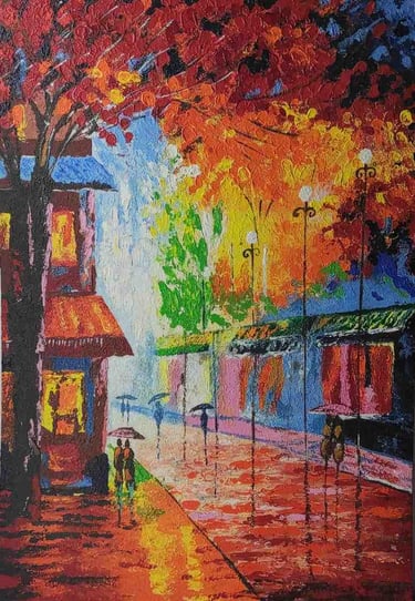 "Colorful handmade painting of a rainy street with autumn trees and reflections-Suitable for export"