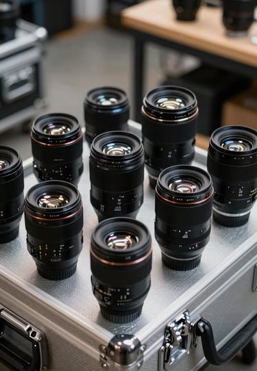 An array of high-end prime lenses arranged neatly on a light silver equipment case, North American / US workshop environment, clear and sharp architectural detail.
