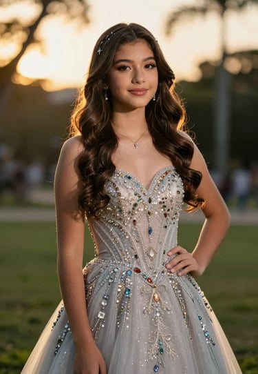 Portrait of a radiant girl celebrating her fifteen years, elegant attire, outdoor South American / Colombian park setting, sunset golden hour lighting.