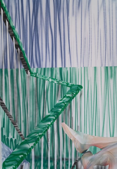 Abstract contemporary painting featuring layered green and blue vertical brushstrokes with geometric shapes.
