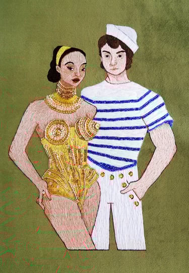 embroidery of Jean Paul Gaultier, with golden corset and sailor 