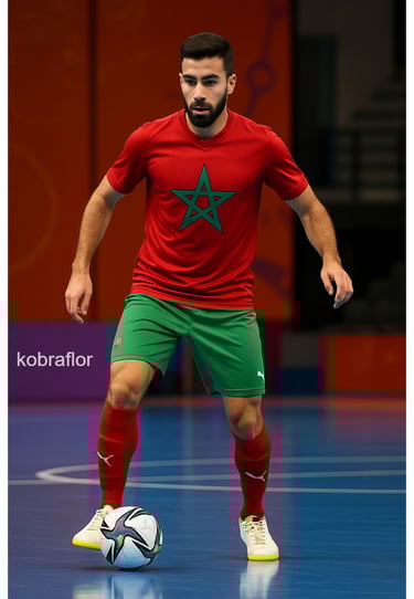 joueur de mini foot en action portant un maillot représentant le maroc  