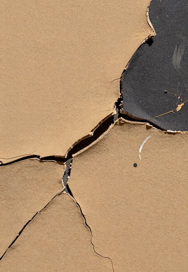 Close-up detail of layered pigments and intentional cracks on a canvas, Warm sand tones with Deep charcoal accents, atmospheric lighting.