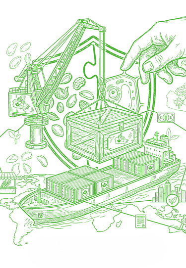 Green line art illustration of a cargo ship loading Canadian goods for global export logistics.