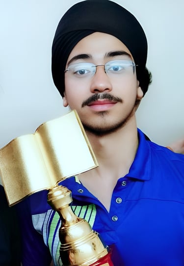 a man in a turban holding a trophy