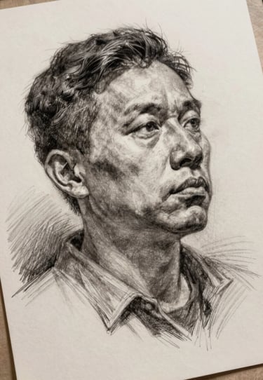 Detailed shot of a charcoal sketch on heavy-weight textured paper, showcasing fine lines and sophisticated shading in a refined North American art style.