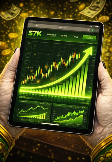 A person holding a tablet displaying a bullish stock market chart with a rising green arrow and glowing gold coins.