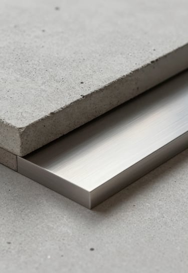 A close-up of high-quality architectural materials, specifically light grey concrete and brushed aluminum, reflecting modern design sensibility.