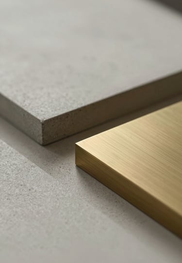 Close-up of high-quality architectural materials, concrete and brushed brass, shot with soft natural lighting for a sense of modern elegance.