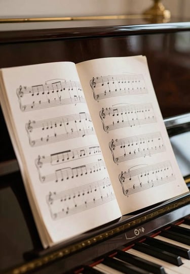 Close-up of sheet music resting on a piano stand, the lighting is warm and sophisticated, North American home interior.