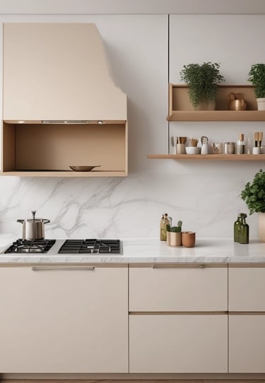 A cozy bedroom corner featuring soft beige linens and warm golden lighting.