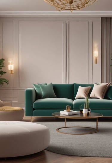 A stylish living room with muted green cushions and minimalist decor.