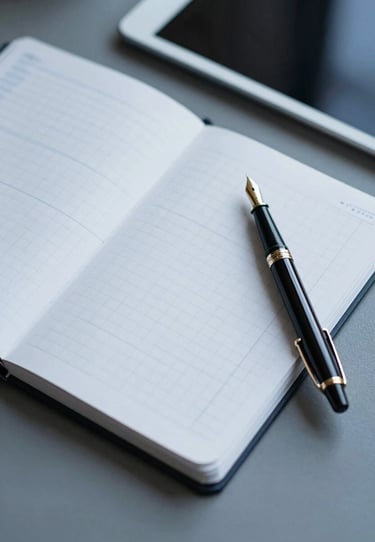 A top-down view of a designer's desk with a grid-layout notebook, a premium fountain pen, and a tablet, meticulous and clean, #ECF0F1 and #2C3E50.