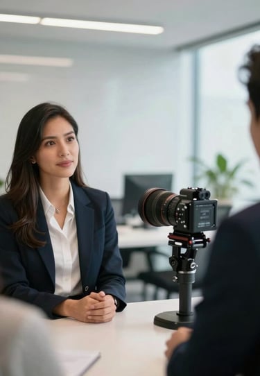Behind the scenes of a corporate interview, professional lighting setup, clean modern office background, soft bokeh, professional South American business context.