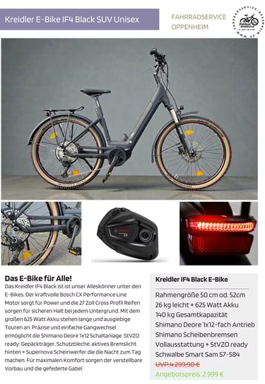 Kreidler IF4 Black SUV E-Bike with Bosch Performance Line motor and Shimano Deore drivetrain.