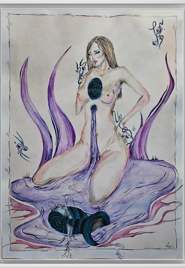a drawing of a woman sitting , purple illusions watercolour painting , optical illusion