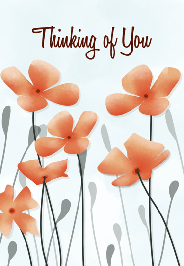 Thinking of You get well card with minimal orange poppy flowers on a light airy background