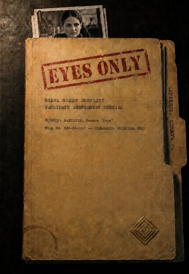 Top secret Silva Group Security dossier folder for candidate Soraya Raya Baptiste with an Eyes Only stamp.
