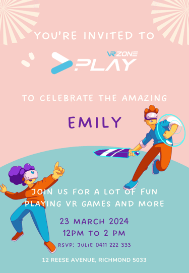 Pink invitation sample for a girl's birthday for VR Zone Play
