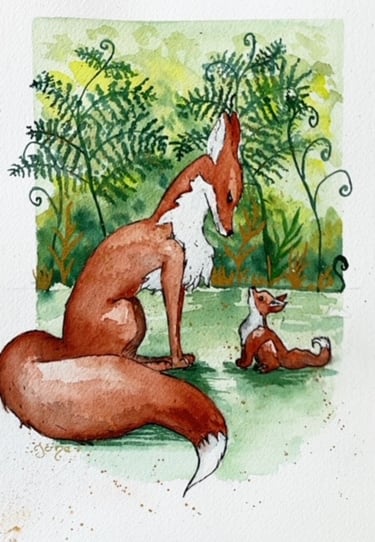 Maman renard et son bébé à l’aquarelle