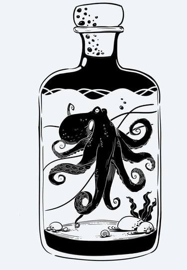 Bouteille de rhum contenant un poulpe