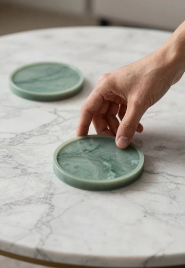 An International / Global interior decorator placing an elegant Sage Green resin coaster on a marble coffee table.