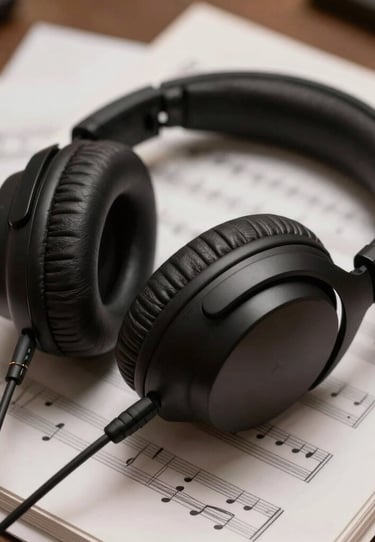 Close up of a pair of high-fidelity headphones resting on a stack of music sheets, soft lighting, brownish grey and off-white tones.