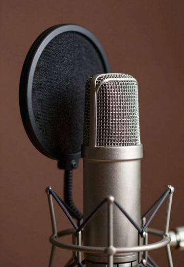Close-up of a professional condenser microphone with a mesh pop filter, deep espresso and muted clay background, studio lighting.