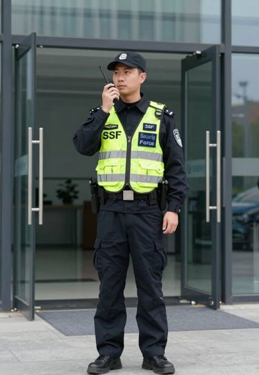 A top-down, clean photography shot of a professional security tablet and two-way radio on a dark gray desk, representing high-tech vigilance and readiness in a North American professional setting.
