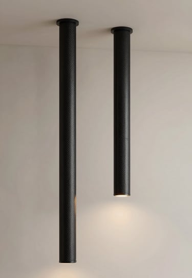 Interior view of a living area, carbon black lighting fixtures, soft off-white walls, editorial architectural photography.