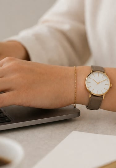 Woman typing on laptop wearing sleek watch and thin bracelet in minimal office style