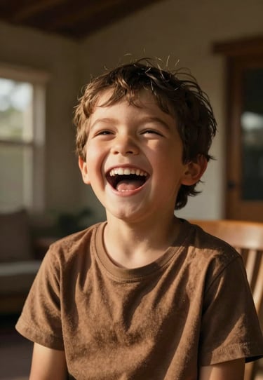 A cinematic vertical shot of a child laughing, sun-drenched lighting, North American / US home background, warm earth brown tones.