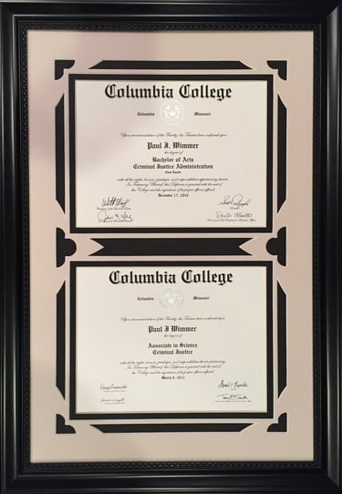 Framed Columbia College Bachelor and Associate degrees in Criminal Justice awarded to Paul J. Wimmer.
